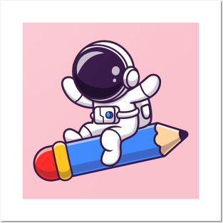 Cute Astronaut Flying With Pencil Rocket Posters and Art